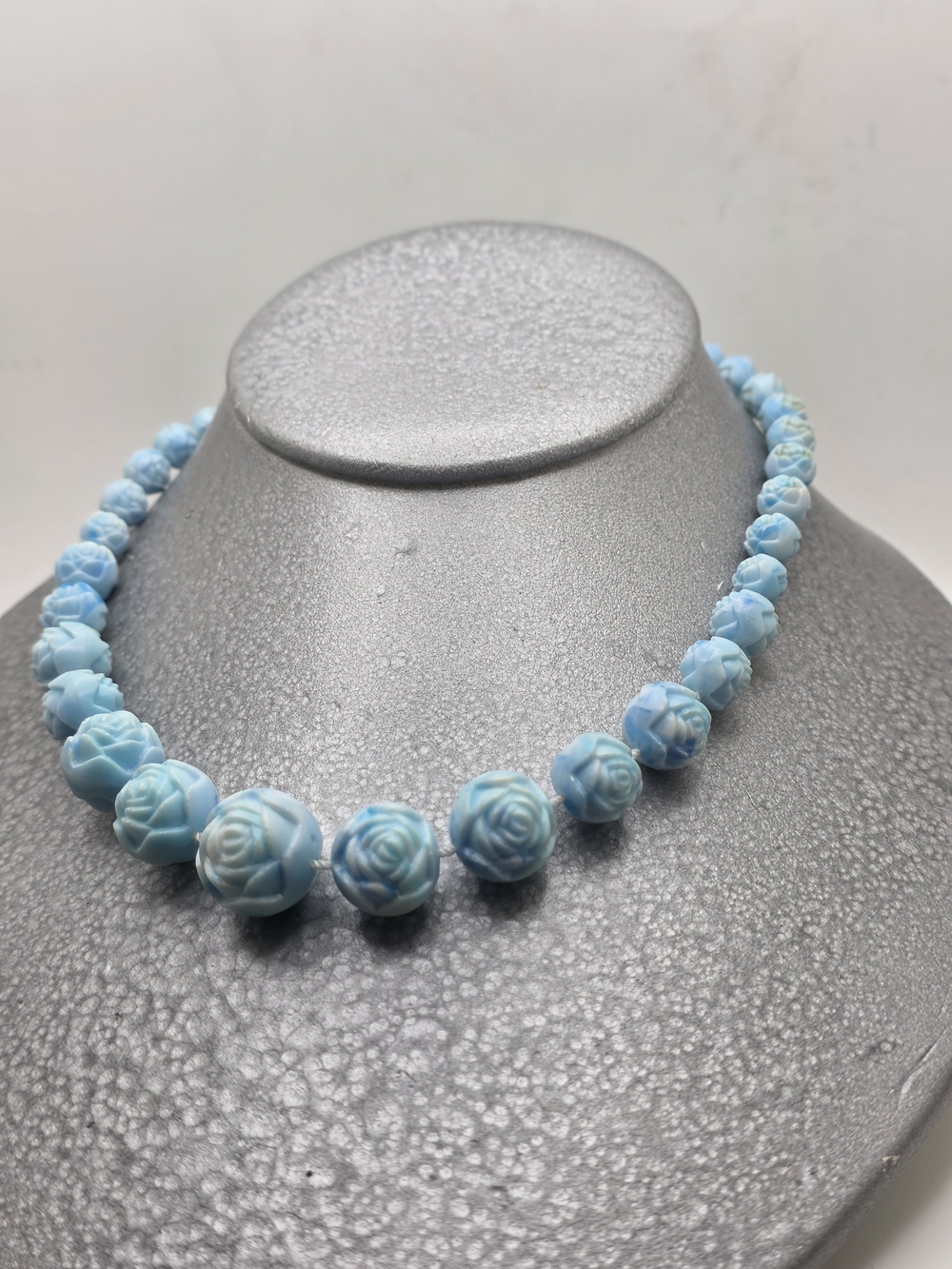 Light Blue Rose Carved Bead Necklace